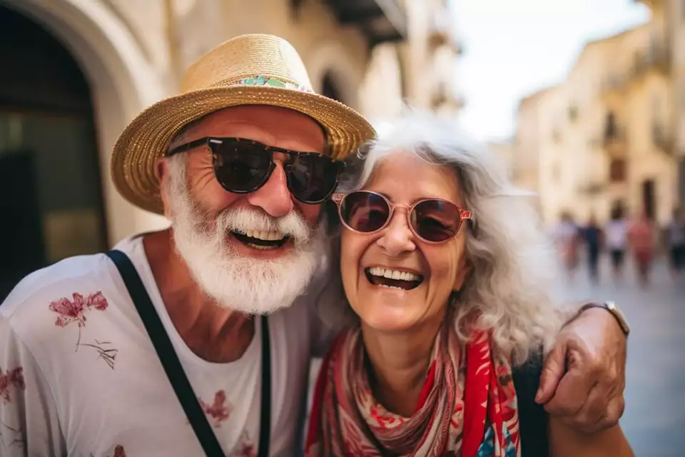 זוג מבוגרים בגיל השלישי מחובקים ומחייכים